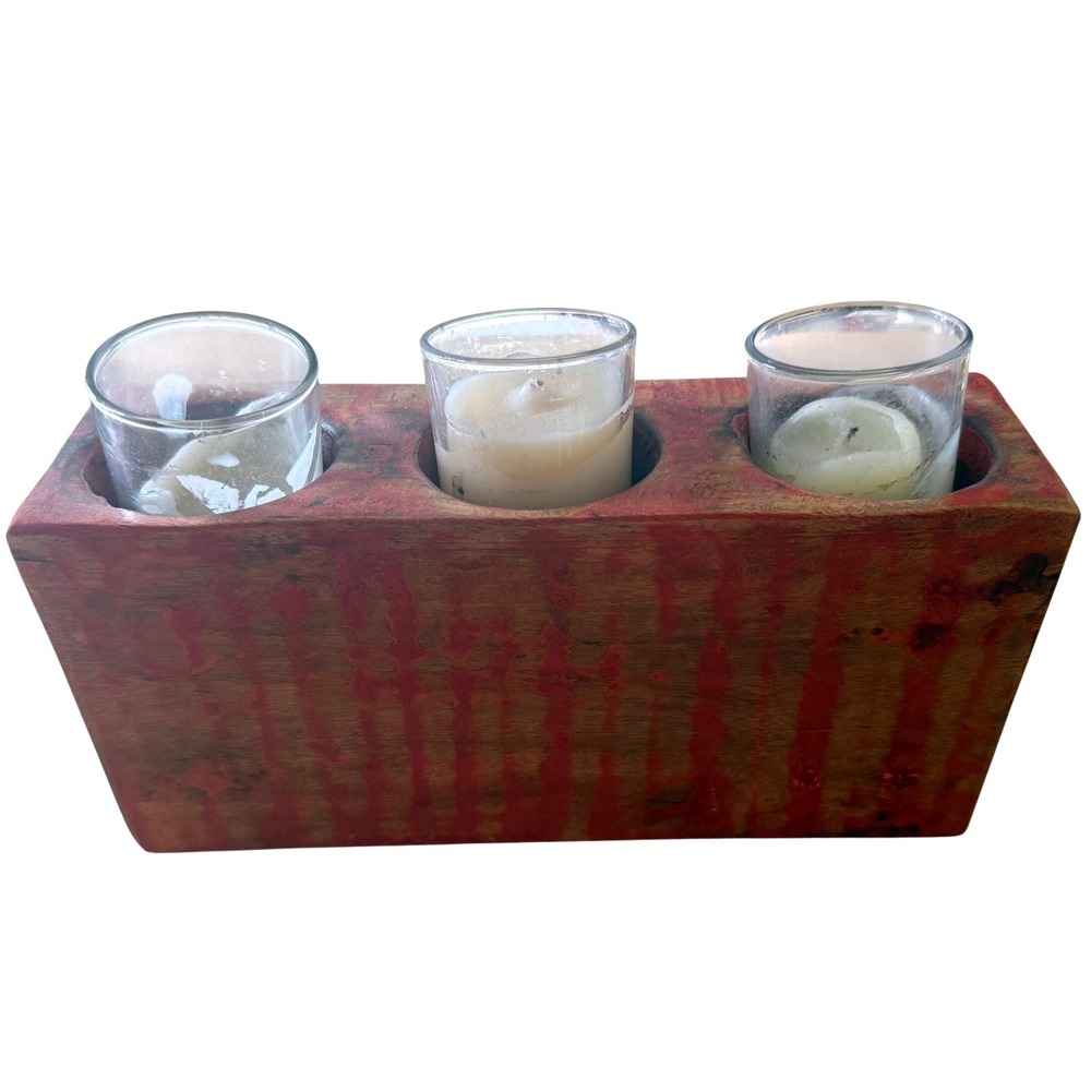 Red Wood Sugar Mold Style Votive Candle Holder Glass Inserts Rustic Farmhouse